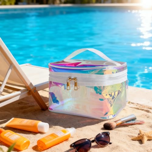 Waterproof Holographic Blue PVC Makeup Bag with Handle - 8.66 * 5.51 * 5.51 inch Travel Cosmetic Organizer for Women Men Toiletry Pouch (Holographic Blue - L) - color: Holographic Blue - L