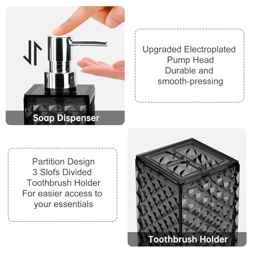 Bathroom Accessories Set 2 PCS, Black Bathroom Accessories Include Soap Dispenser and Toothbrush Holder, Diamond Pattern Bathroom Set for Boho Bathroom Decor - color: Black