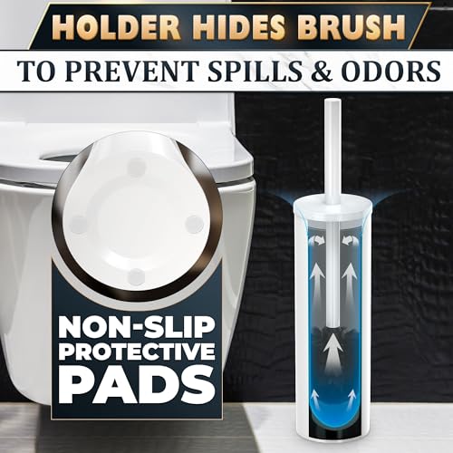 Stainless Steel Toilet Brush and Holder Set, Splash Guard (White) | White Toilet Bowl Brush and Holder Set, Removable Bowl, Dense Bristles, Long Handle, Scratch Resistant, for Modern Bathrooms - color: White