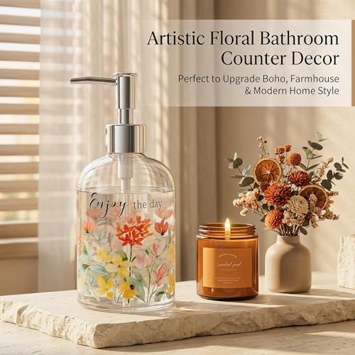 Topadorn 17oz Glass Soap Dispenser with Pump, Refillable Hand & Dish Soap Bottle, Watercolor Floral Enjoy the Day Kitchen Soap Dispenser for Bathroom Counter Decor - color: Floral