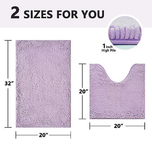 BOANKODU Bath Mat Set, 2-Piece Very Soft Chenille Bathroom Rugs, Non-Slip, Machine Washable (Lavender, 32x20 Inch U-Shaped + 20x20 Inch) - color: Lavender, size: 20" x 32" + 20" x 20" (U-Shape)