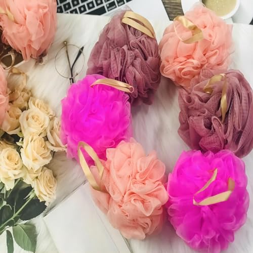 Fishent Bath Loofah Sponge, 3 Pack loofahs Exfoliating Body Scrubber, 60g Soft Mesh Pouf Shower Puffs, Loofa for Women and Men - style: 60g-Pink-Peach-Coral