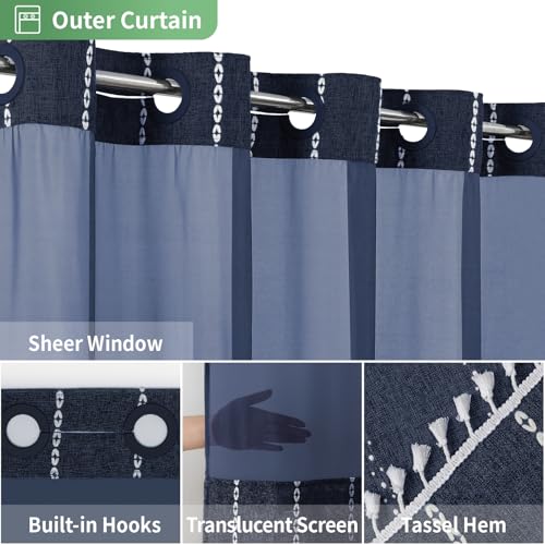 eachope No Hook Boho Farmhouse Shower Curtain with Snap-in Liner Set,Linen Rustic Heavy Duty Striped Fabric Shower Curtain with Tassel,Hotel Style Cloth Shower Curtains for Bathroom,Navy Blue,71x74 - color: Navy Blue, size: 71"W x 74"L (Pack of 1)