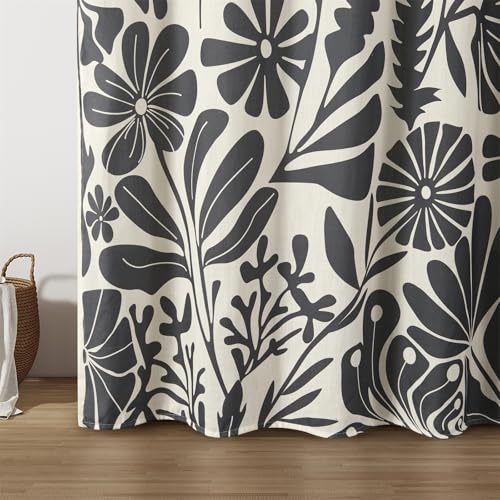 RoomTalks Black Vintage Floral Faux Linen Shower Curtain for Bathroom Decor - 210GSM Heavy Duty Modern Farmhouse Country Rustic Matisse Plants Botanical Shower Curtain Set with Hooks - color: Black and Beige, size: 72"W x 72"L (Pack of 1)