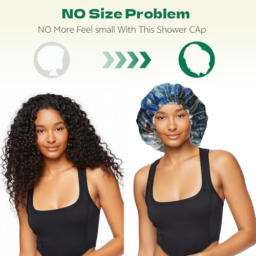 2 PCS Shower Cap Waterproof Double Layer Elastic Adjustable Reusable Hair Bath Caps for Girls Women Cute Aesthetic-Blue White - color: G18-Blue White