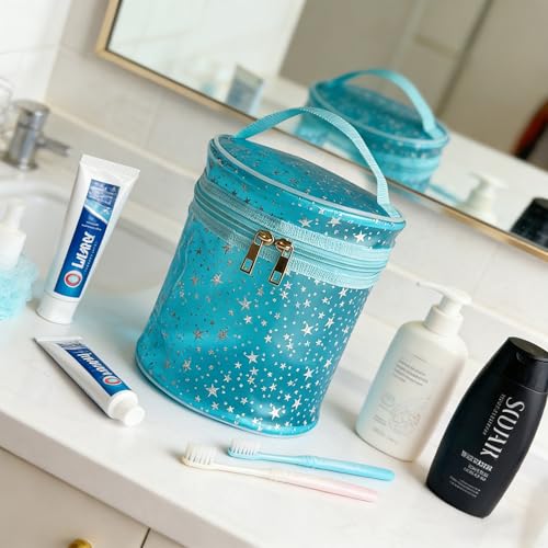 Waterproof Blue Star PVC Makeup Bag - 7.1x6.3in Barrel Cosmetic Organizer with Zipper, Portable Toiletry Pouch for Women & Men (Blue) - color: Blue