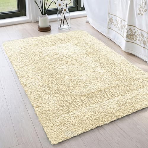 THE BEER VALLEY Set of 2 Reversible Bath Rug 21x32/17x24 Inch, Light Yellow | Cotton Absorbent Bathmat for Bathroom, Washable Toilet Throw Thick Mat - color: Light Yellow, size: 1'9" x 2'8" (Rectangular)