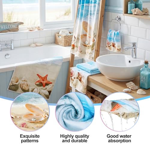 Moukeren Set of 3 Beach Bath Towels Coastal Ocean Bath Towel Hand Towels and Washcloth Soft Shell Conch Starfish Sea Nautical Decorative Towel Summer Gifts for Farmhouse Bathroom Kitchen - style: Beach