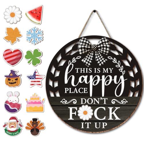 Interchangeable Seasonal Happy Place Hanging Sign - Farmhouse Backyard Door Decoration for Spring All Seasons Holidays - Rustic Round Wood Wreaths with 12 Icons - White - color: HAPPYblack