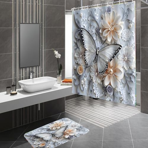 DDQQ 4Pcs Shower Curtain Sets, Blue White Butterfly Bathroom Curtains Shower Set, Bathroom Decor Sets, Shower Curtain for Bathroom with Rugs, Toilet Lid Cover, Bath Mat and 12 Hooks, 71 x 71 Inches - color: Blue and White