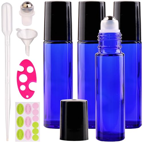 inice 4 Pack Essential Oil Roller Bottles 10ml Cobalt Blue Glass Bottles Stainless Steel Roll On Ball Applicator for Daily Care - color: 4 PACK Cobalt Blue Roller Bottles
