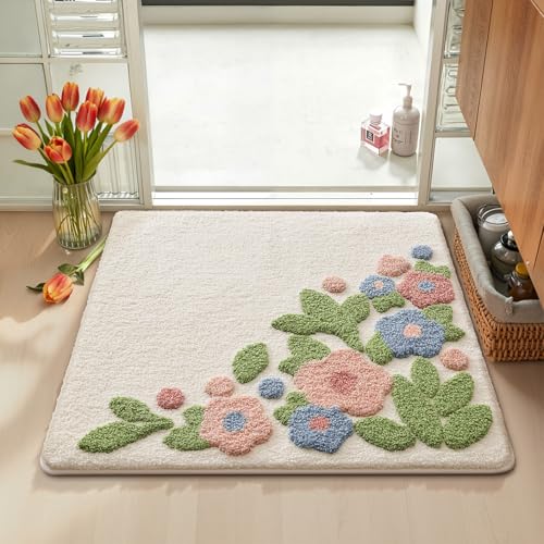 LUMI Bathroom Rugs Cute Flower, Soft Absorbent Squarer Bath Mat Non-Slip, Machine Washable Quick Dry Warm White Bloom Luxury Rug Flower for Kids Room, Bathtub, Home Decor, 26"x26" - color: Ivory Bloom, size: 26"x26"(Square)