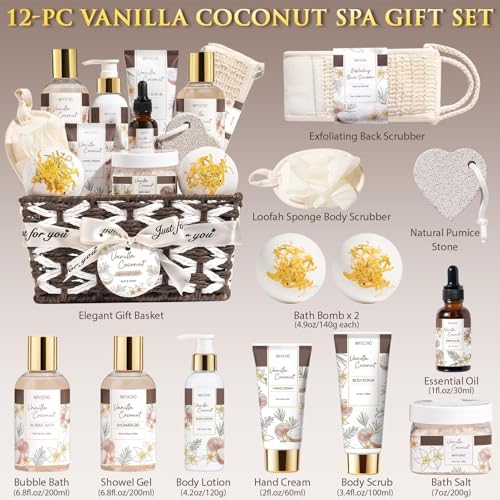 Mothers Day Birthday Gifts for Women, Vanilla Coconut Relaxing Spa Gift Baskets for Women Self Care Package Bath Gift Set, Home Bath and Body Kit Pampering Gifts for Womens Her Mom Friends Sister Wife - color: Brown-Vanilla Coconut