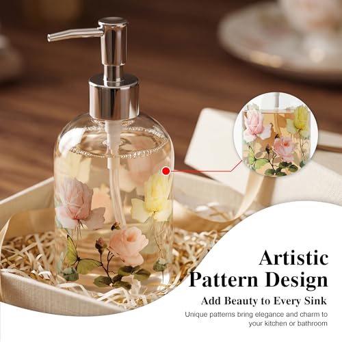 Topadorn 17oz Glass Soap Dispenser with Pump, Refillable Hand Soap Dispenser for Bathroom & Kitchen, Vintage Rose & Butterfly Floral Design, Decorative Farmhouse Countertop Decor - color: Yellow Flower
