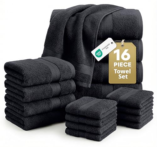 LANE LINEN 100% Cotton Towel Set for Bathroom - 16 Piece - Super Soft, Hotel Quality - 4 Bath, 8 Wash Cloths, 4 Hand Towels for Bathroom - Classic, Gentle on Skin, Ideal for Spa & Daily Use - Black - color: 04: Black