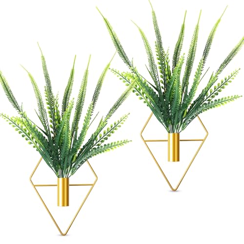 Canlierr 2 Pieces Gold Wall Decor Hanging Planters with Artificial Plants Metal Vase Indoor Plants Holder Modern Geometric Wall Art for Home Bathroom Bedroom Living Room Office(Boston Fern,Large) - color: Gold, size: Boston Fern
