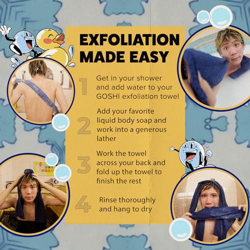 GOSHI Exfoliating Shower Towel - Long Body Scrubber for Back Acne, KP & Smooth Skin - Durable Rip-Resistant Weave, Quick-Dry Nylon Washcloth - Ethically Crafted in Gunma, Japan - Blue - color: Blue