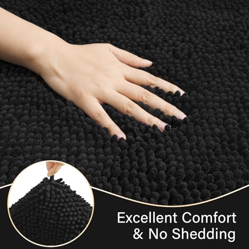 LOCHAS Bathroom Rugs Sets 2 Piece, Soft Non Slip Bath Mat Set, 20''x20'' U-Shaped Toilet Rug and 34''x21'' Black Bath Rugs, Washable Absorbent Chenille Toilet Rug Set for Bathroom, Shower, Sink - color: Black