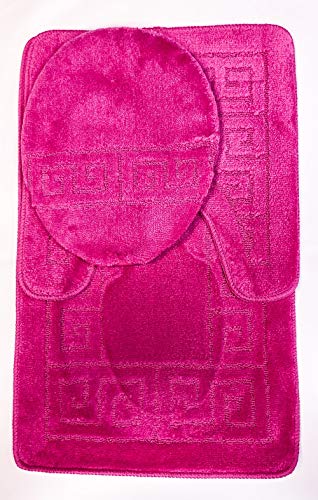 WPM WORLD PRODUCTS MART 3 Piece Bath Rug Set Pattern Bathroom Rug (20"x32")/Large Contour Mat (20"x20") with Lid Cover (Hot Pink) - color: Hot Pink