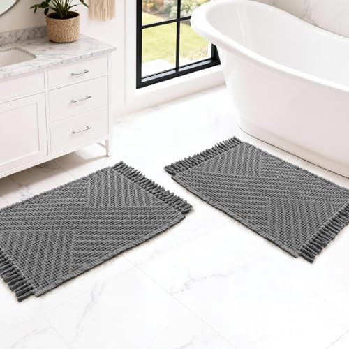 H.VERSAILTEX Waffle Bath Mat Super Absorbent Boho Bath Mat Non Slip Bath Rugs for Bathroom Floor Machine Washable Dry Fast Bathroom Rugs with Tassels (17 x 24 Plus 17 x 24 Inches, Gray) - color: Grey, size: 17" x 24" Plus 17" x 24"