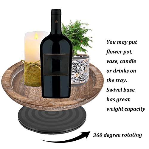 Turntable Rustic Wooden Serving Tray: Hanobe Round Wood Decorative Vintage Centerpiece Candle Holder Trays Farmhouse Ottoman Tray with Turn Table for Kitchen Countertop Coffee Table - color: Distressed & Turnable