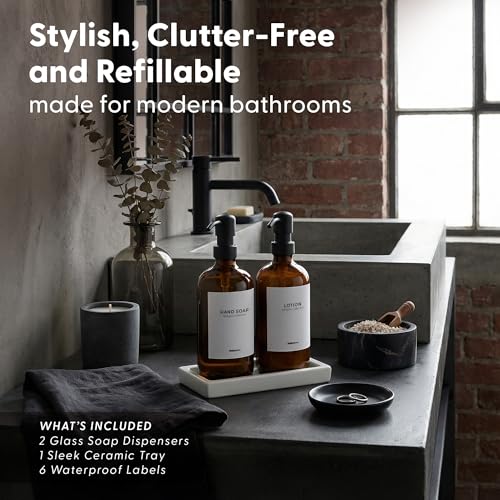 MaisoNovo Soap and Lotion Dispenser Set - Bathroom Soap Dispenser Set with Amber Glass Soap Dispenser, Black Pumps & Ceramic Tray - color: Amber Bottles/ Black Pumps/ White Ceramic Tray