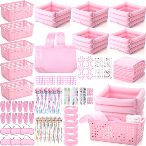 85 Pcs Spa Kit Nail Art Kit Sleepover Party Supplies with 12.5 x 12.5 in Inflatable Foot Tubs Foot Bath Towel and Basket DIY Manicure Pedicure Set for Slumber Party(Pink) - color: Pink