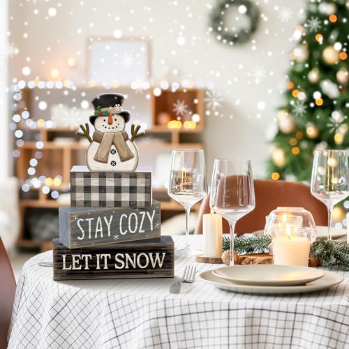 Yuntau 4 Pcs Winter Table Decorations Wooden Snowman Winter Tiered Tray Decor Rustic Block Signs Gift Farmhouse Christmas Centerpiece for Tables Party Kitchen Shelf Home - style: Let It Snow