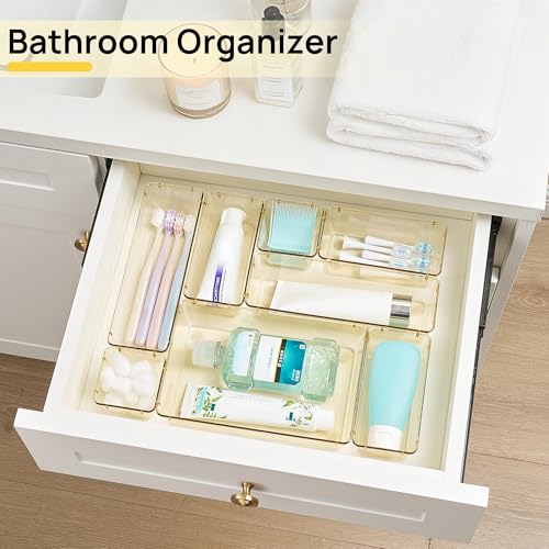 Vtopmart 25 PCS Clear Plastic Drawer Organizers Set, 4-Size Versatile Bathroom and Vanity Drawer Organizer Trays, Storage Bins for Makeup, Bedroom, Kitchen Gadgets Utensils and Office - color: Clear Champagne