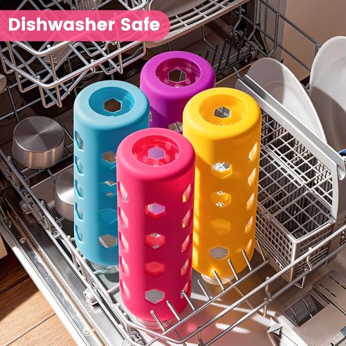 Mrsdry Glass Juice Bottles with Lids and Silicone Sleeves 18 oz, 4-Pack Reusable Clear Glass Water Bottles with Stainless Steel Airtight Cap for Juicing, Refrigerator, BPA Free Leak-Proof Drinking Jar - color: Pink