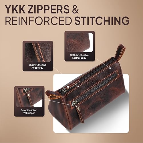 Leather Makeup Bag for Women – Genuine Leather Cosmetic Bag Travel, Handmade Zippered Makeup Pouch, Small Toiletry Bag, Shaving Kit & Stationery Organizer- Brown - color: Brown Cosmetic Pouch