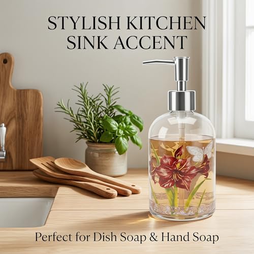 Topadorn 17oz Glass Soap Dispenser with Pump, Refillable Hand & Dish Soap Dispenser, Vintage Floral Bathroom Soap Dispenser for Kitchen, Bathroom Counter & Lotion - color: Maroon