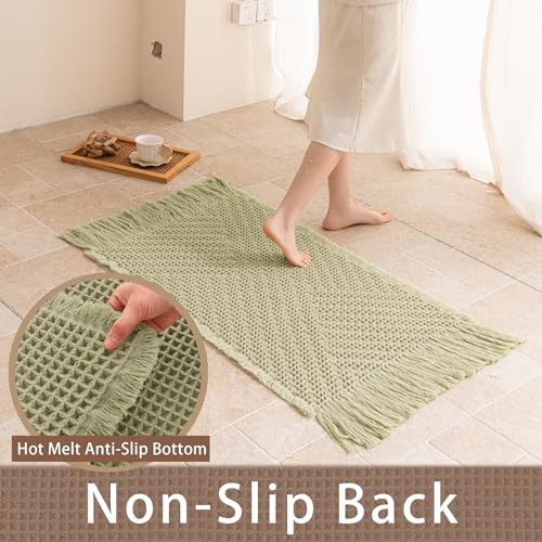 Waffle Bath Mat Non Slip, Boho Bathroom Rug, Super Absorbent Quick Dry Bathroom Mat, Soft Farmhouse Bath Rug with Tassels, Small Washable Shower Mats for Floor 24"x36", Tassels Sage Green - color: Tassels Sage Green, size: 2' x 3' (Rectangular)