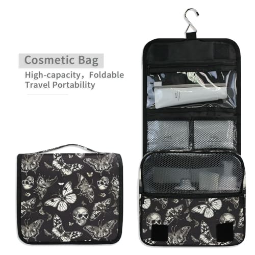 MNSRUU Hanging Toiletry Bag Gothic Skull Butterfly Travel Makeup bag for Toiletries Portable Travel Toiletry Organizer Cosmetic Bags with Hanging Hook - color: Skull A8414