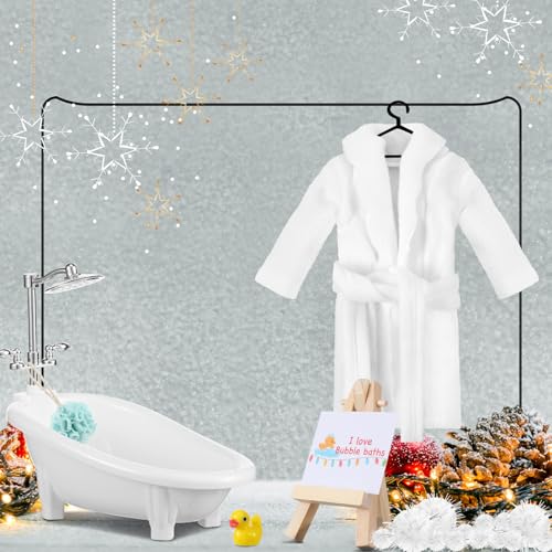 Outus 7 Pcs Christmas Doll Accessories Kit Holiday Doll Bath Clothes Set Include Yellow Bathrobe Bathtub Bath Ball Duck Bubble Card Display Stand for Christmas DIY Activity