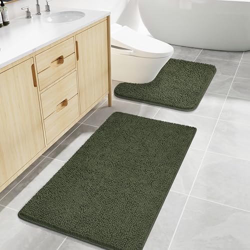 LOCHAS Bathroom Rugs Sets 2 Piece, Soft Non Slip Bath Mat Set, 20''x20'' U-Shaped Toilet Rug and 34''x21'' Olive Green Bath Rugs, Washable Absorbent Chenille Toilet Rug Set for Bathroom, Shower, Sink - color: Olive Green