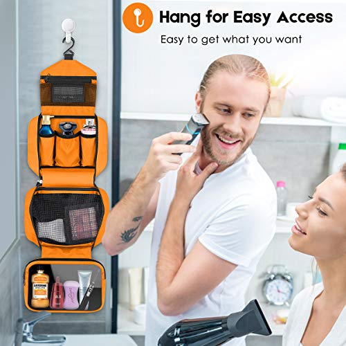 Travel Toiletry Bag for Women, Dopp Kit for Men, Waterproof Makeup Bag Shaving Bag with Hanging Hook, Portable Toiletry Organizer for Traveling and Camping - color: orange