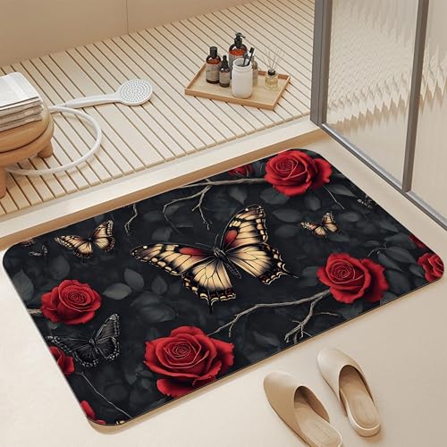 Gothic Butterfly Bathroom Rugs, Non Slip Quick Dry Red Rose Flower Bath Mats for Bathroom, Super Absorbent Diatomaceous Bathmat for Home Kitchen Thin Floor Doormat 17 X 29.5 Inch - color: Gothic Butterfly