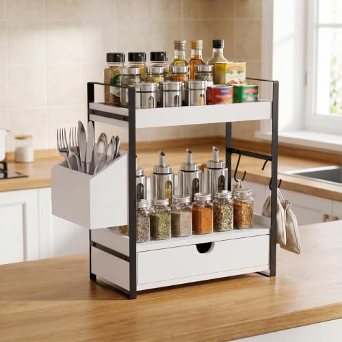 Kottwca 2-Tier Bathroom Counter Organizer with Drawer, Basket & Hooks, Wooden Vanity Shelf for Skincare, Perfume & Makeup Storage(White) - color: White
