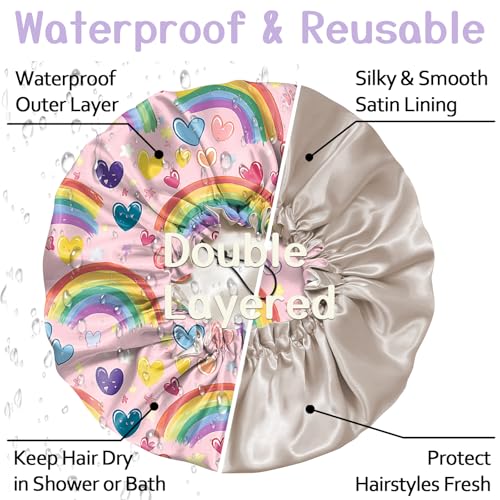 Luxury Shower Cap Silk Satin Lined Waterproof Reusable Adjustable Elastic Dry Hair Bathing Caps Cute for Women Girls-Rainbow - color: C-5-Rainbow