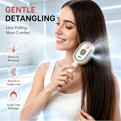 New Electric Mist Air Cushion Massage Brush, 5-in-1 Anti-Tangle Hair Comb for Dry Frizzy Hair, Self-Cleaning Shine Boost Hair Care Brush for Ladies (Pink) - color: Pink-