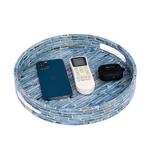 PEMAR 12.6” Mother of Pearls Lacquer Inlaid Round Serving Tray with Handles, Round Decorative Nacred Wooden Ottoman Coffee Table Tray (Blue Tiles) - color: Blue Tiles