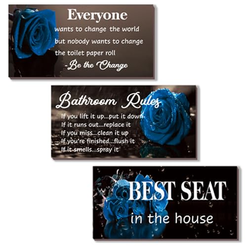 DONFENTHY 3 Pcs Blue Bathroom Rules Decor Blue Bathroom Decor Rustic Farmhouse Wooden Best Seat in The House Blue Rose Hanging Wall Art Blue Bathroom Accessories for Bathroom Toilet Decor(Blue10x5") - color: Blue Rose