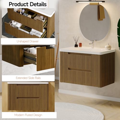 ONBRILL Modern Bathroom Vanity with Sink Combo, Curved Floating Bath Vanity with 2 Drawer, Wall Mount Bathroom Vanities with Integrated Ceramic Sink for Small Space, Apartment (Walnut, 32“) - color: Walnut, size: 32“