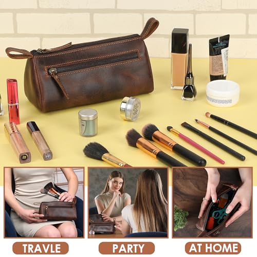 Leather Makeup Bag for Women – Genuine Leather Cosmetic Bag Travel, Handmade Zippered Makeup Pouch, Small Toiletry Bag, Shaving Kit & Stationery Organizer- Brown - color: Brown Cosmetic Pouch
