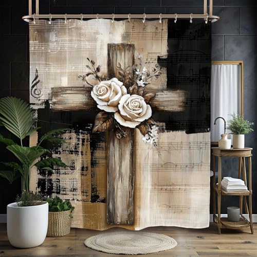 Miyotaa Abstract Minimalist Modern Cross Shower Curtain Set 60Wx71H Inches Religious Black Tan Neutral Contemporary Brushstroke Vintage Art Waterproof Bathroom Curtain with 12 Hooks - color: Black Tan Cross, size: 60"W x 71"L (Pack of 1)