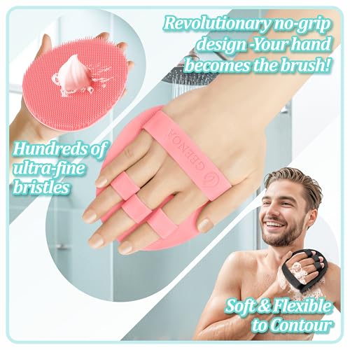 Silicone Body & Face Scrubber Set, 360° Anti-Slip & Hand-fit Silicone Shower Scrubber for Rich Foaming Deep Cleaning, Unique Facial Scrubber with Side-bristles for Contoured Areas.(Pink) - color: Pink Set