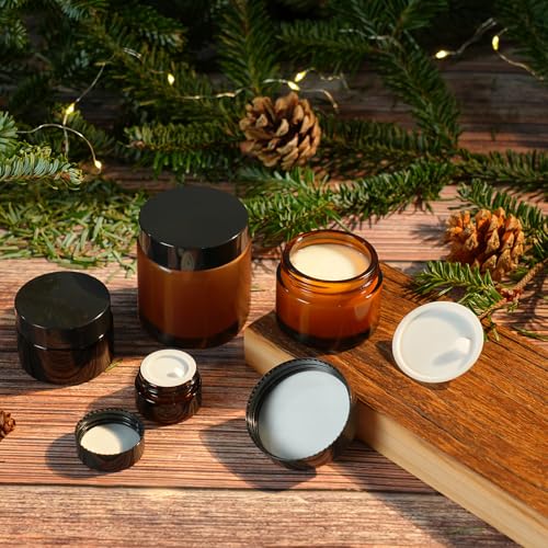 45Pack 2oz Small Amber Glass Jars with Lids, Lotion Container, Cosmetic Containers, Little Travel Jars for Creams with Mini Spoon, Black Label