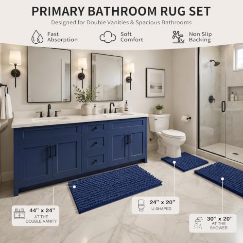 Yimobra Bathroom Rug Set 3 Piece - Super Absorbent Quick Dry Chenille Bath Mats & Toilet Rug, Non Slip Machine Washable, Extra Thick Shaggy Floor Mat for Shower Tub Sink, Navy Blue - color: Navy Blue, size: 24"x20" + 30"x20"+ 44"x24"