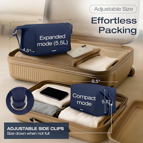 KAZAY Expandable Toiletry Bag with Side Clips for Adjustable Sizing, Premium High-Density Nylon, Open Wide Zipper, Stylish, Water Resistant, Cosmetic Bag, Makeup Bag, Full-Size Bottles, Unisex (Navy) - color: Navy